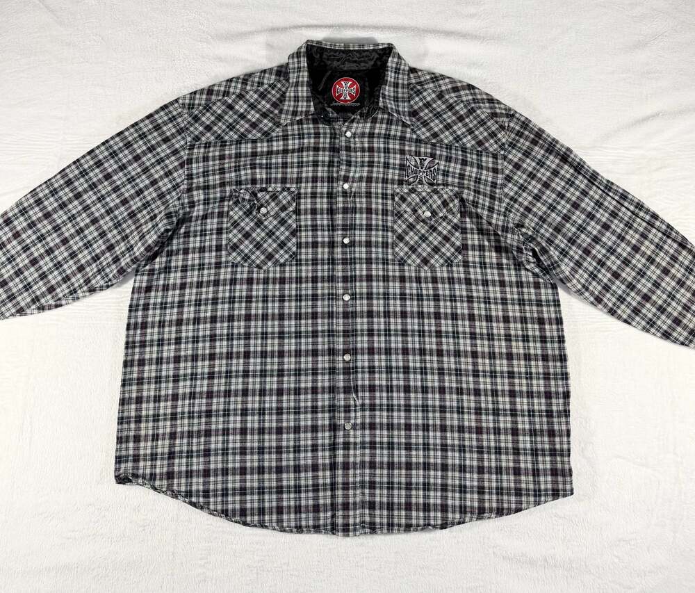 West Coast Choppers Jesse James Plaid Metal Iron Cross Snap Western Shirt 2XL